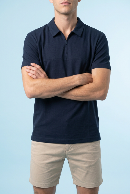 Cotton Zip Polo - Navy